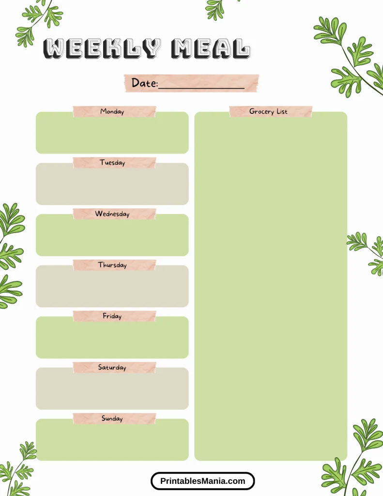 weekly meal planner with grocery list PDF