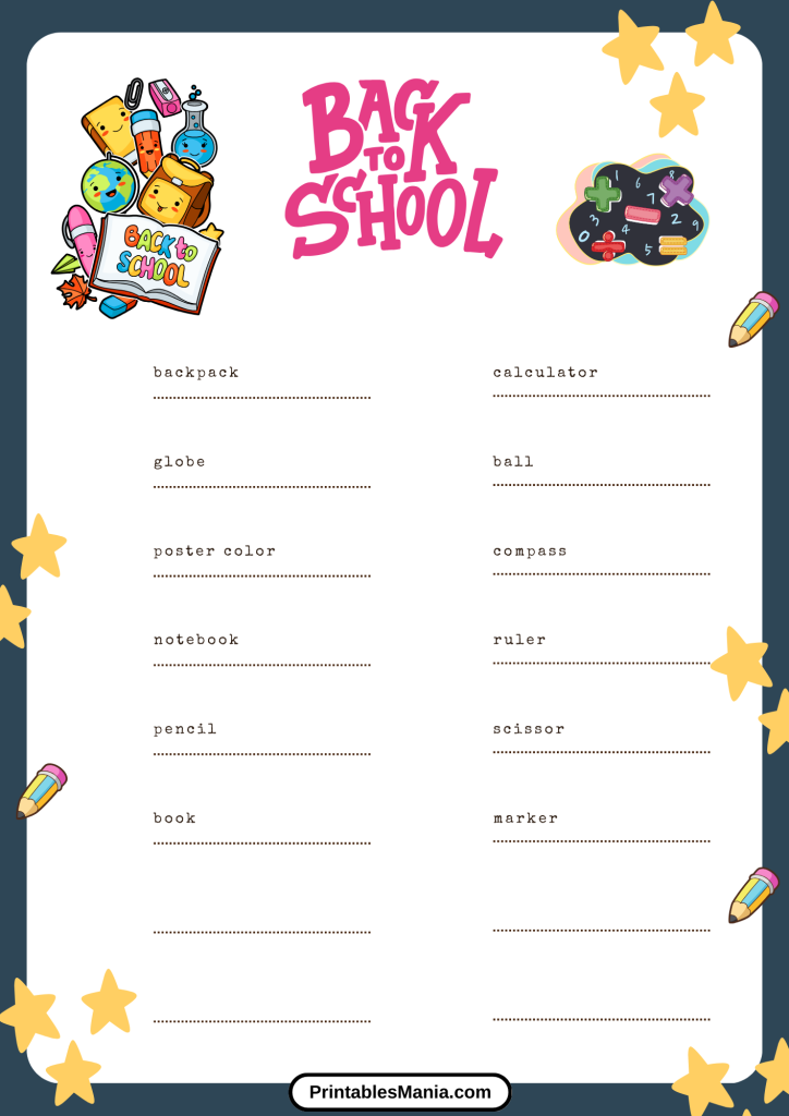 back to school checklist on a clipboard with school items