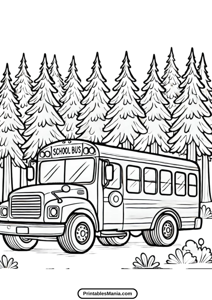 coloring page of a school bus with students