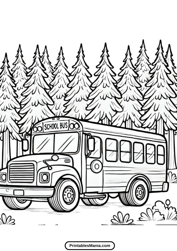 coloring page of a school bus with students