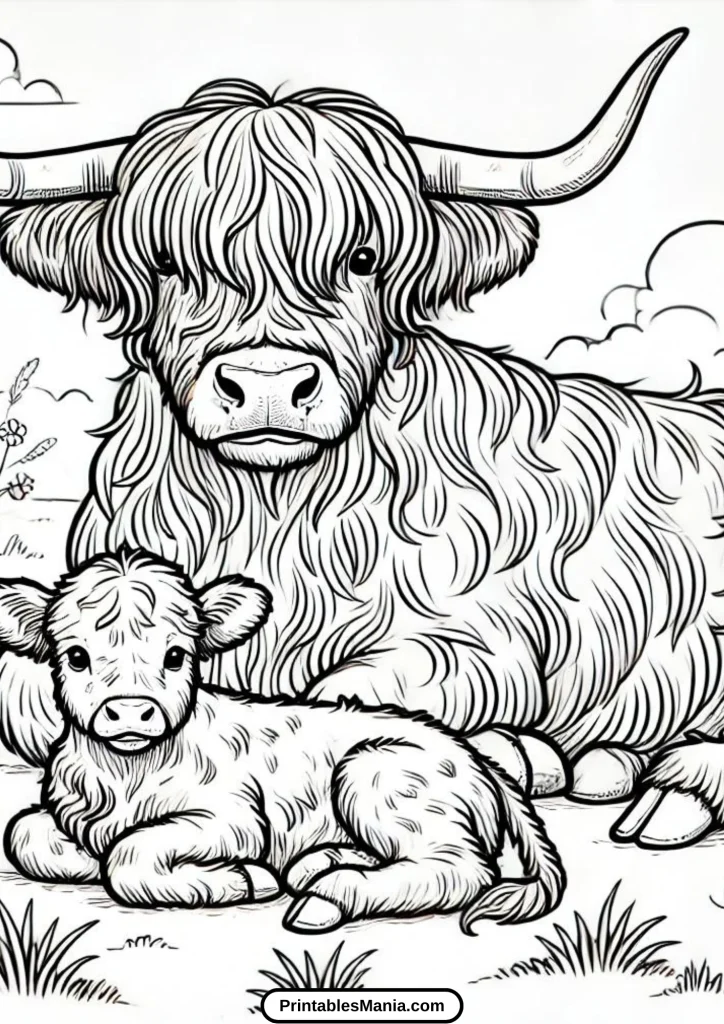 highland cow coloring page for stress relief