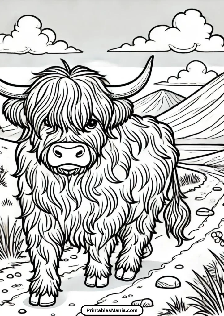 highland cow coloring page with intricate patterns