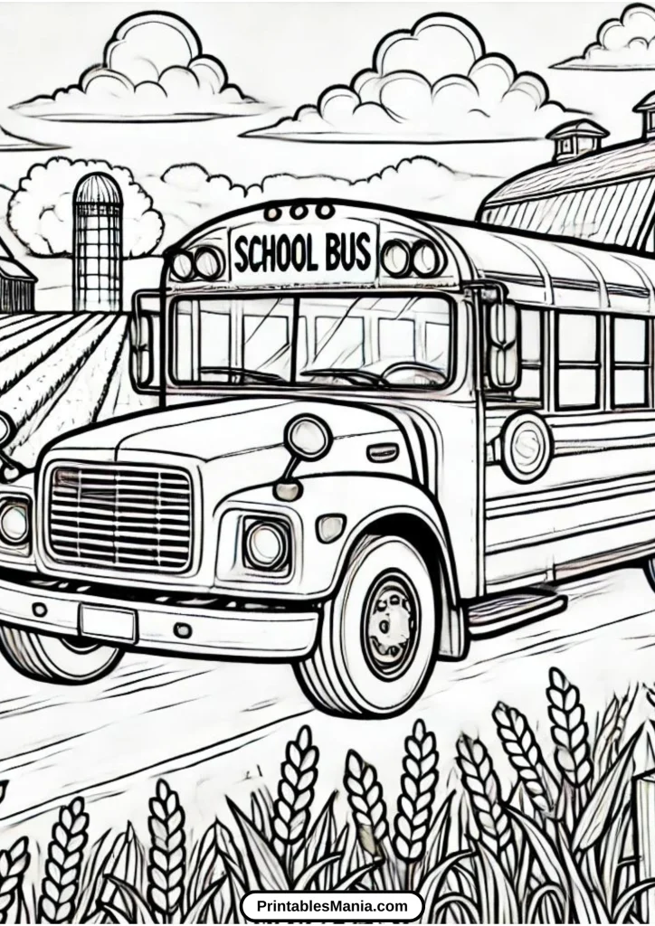 coloring page of a school bus in traffic