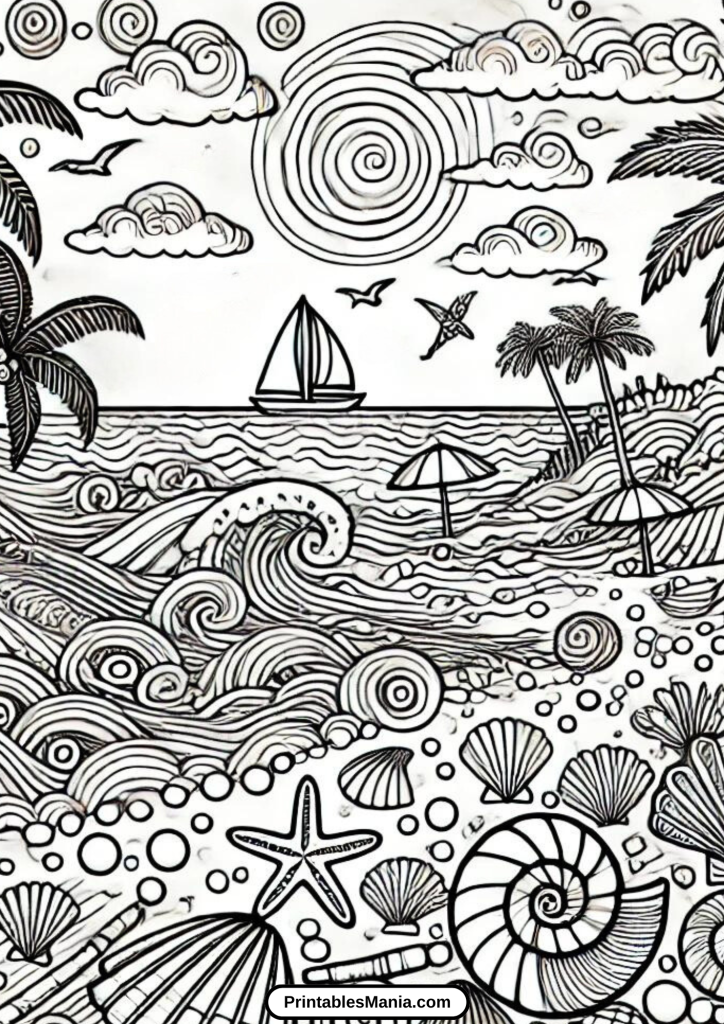 beach landscape coloring page with palm trees and waves