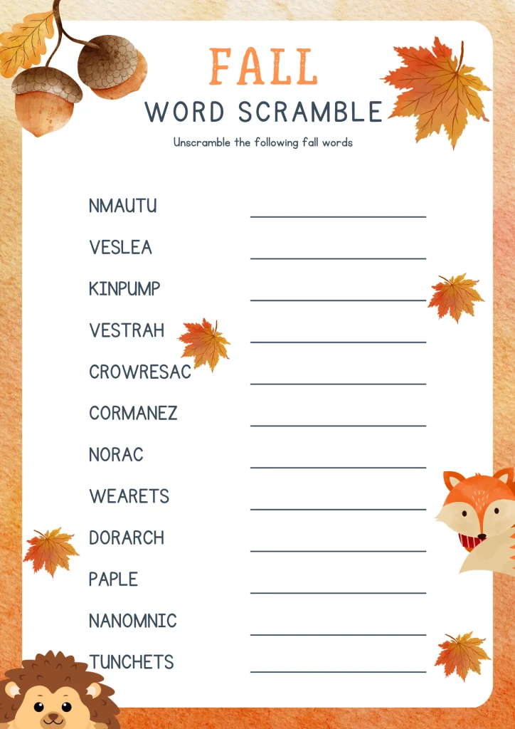 printable fall-themed word scramble game