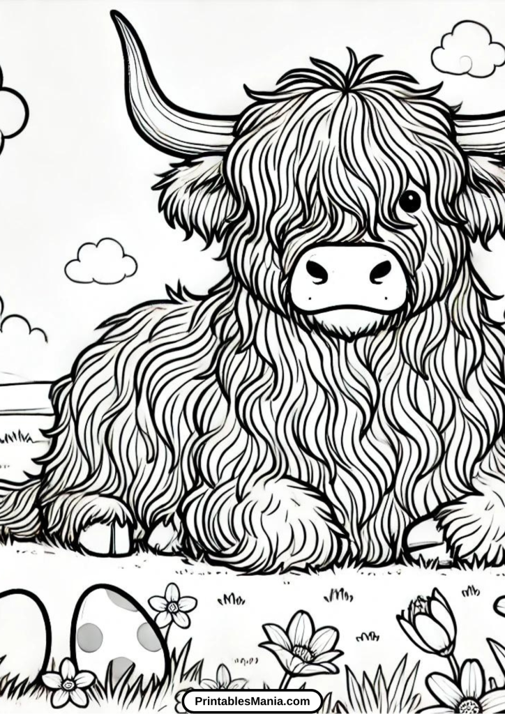 adult coloring page featuring a highland cow