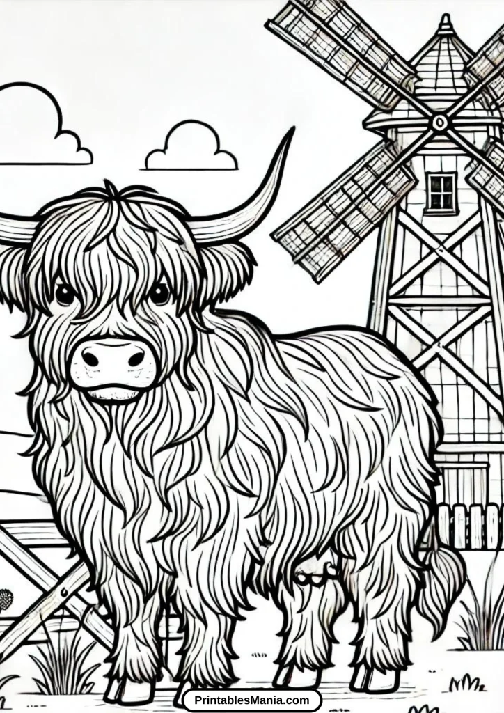 highland cow in field coloring page