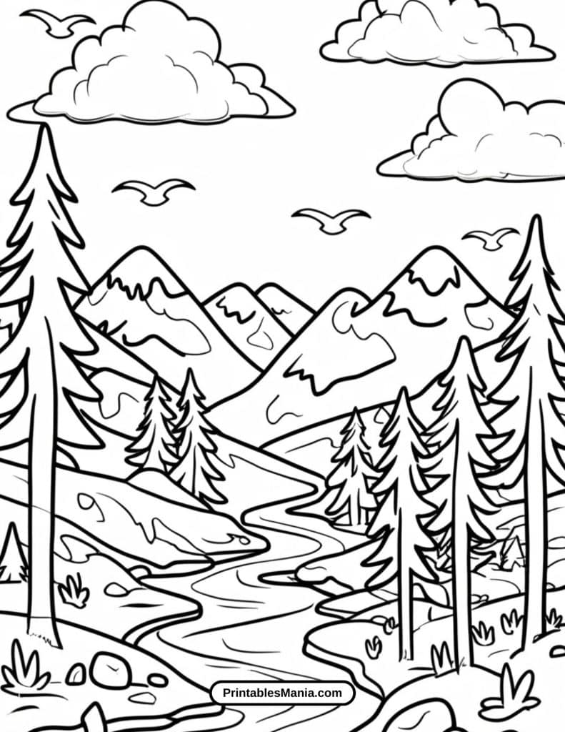 mountain landscape coloring page with trees and a river