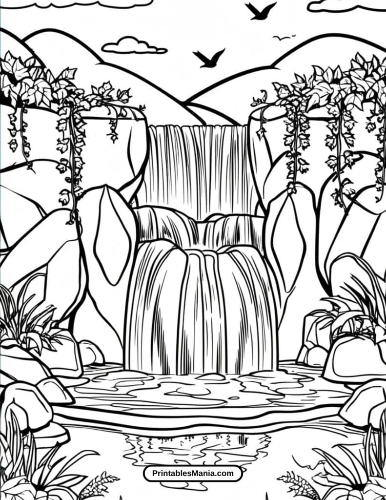 printable landscape coloring page for kids and adults