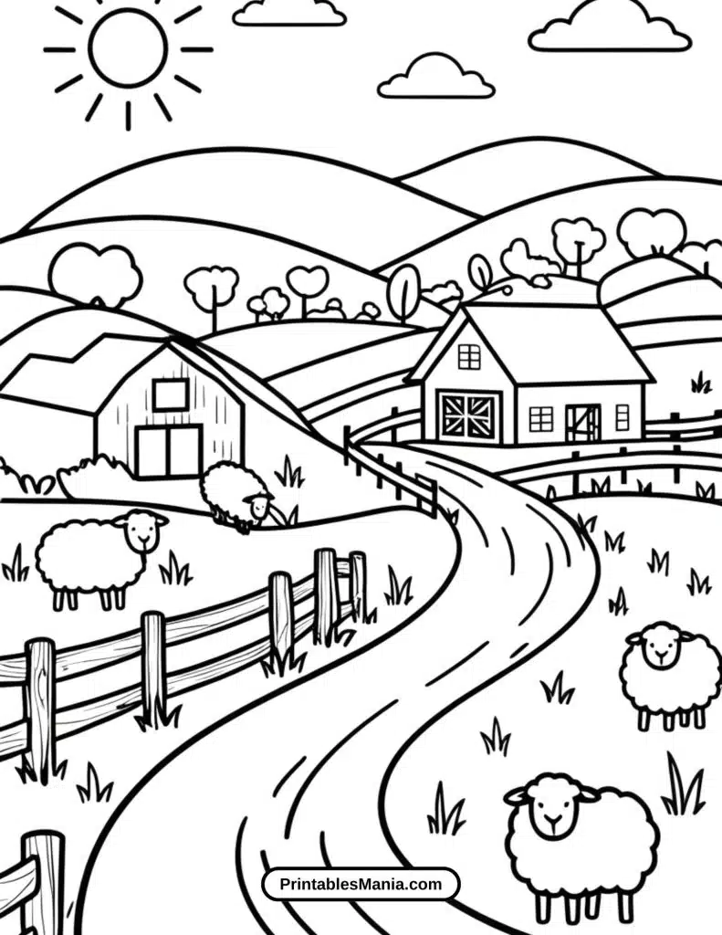 easy landscape coloring page with simple outlines