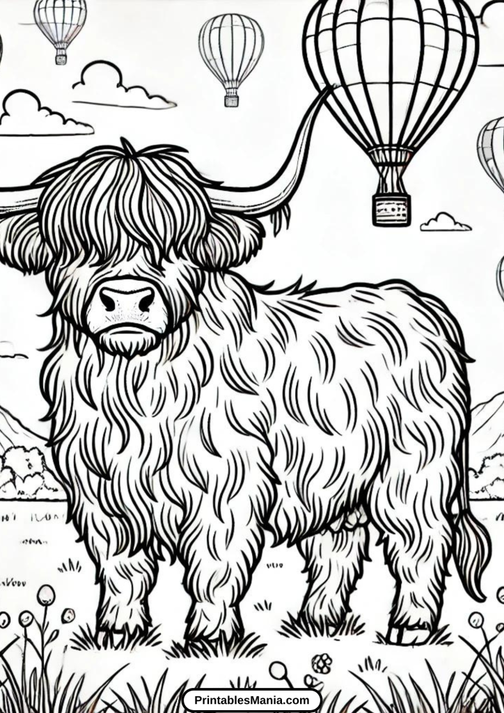 coloring page of a highland cow in nature