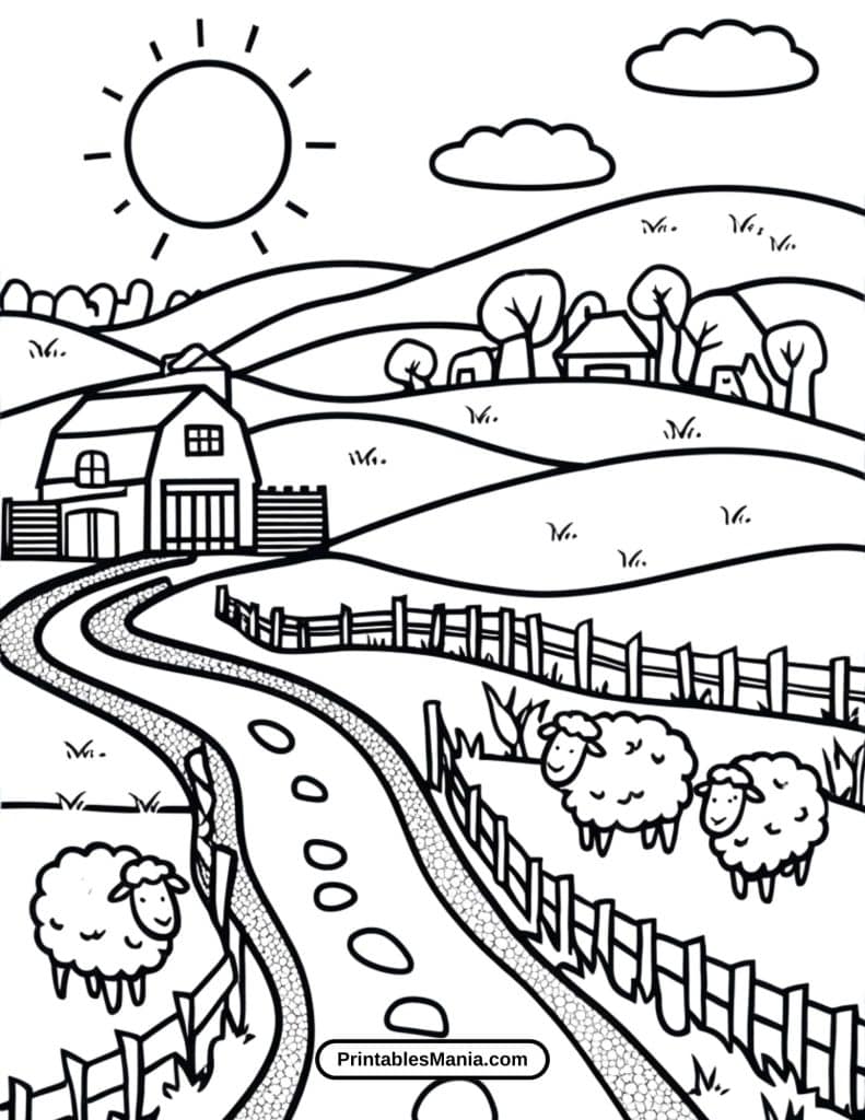 peaceful countryside scene printable coloring page