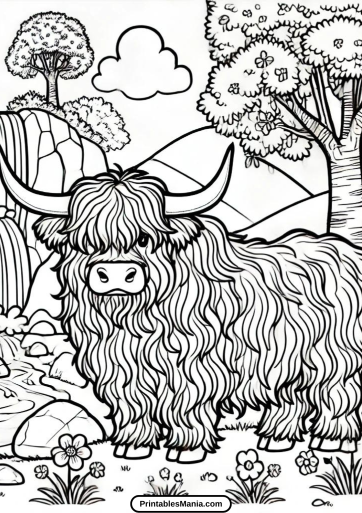 realistic highland cow art for coloring