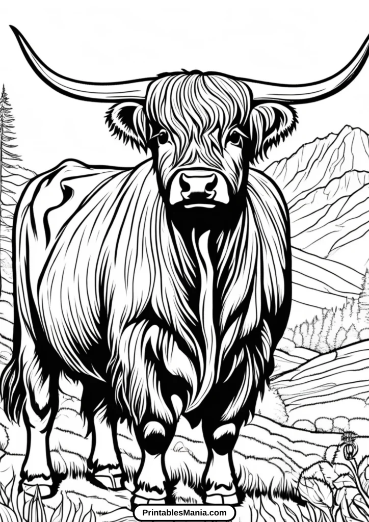 highland cow coloring page with detailed features