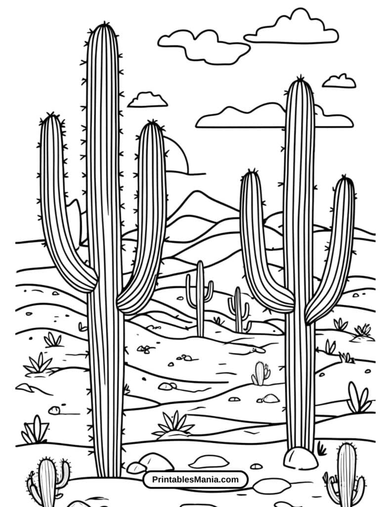 scenic landscape coloring sheet with a peaceful view