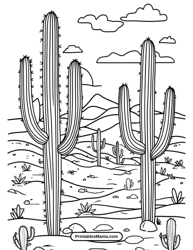 scenic landscape coloring sheet with a peaceful view