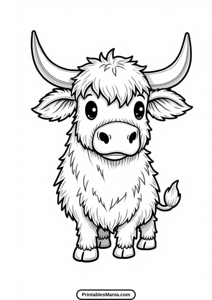 cute highland cow coloring sheet for kids and adults