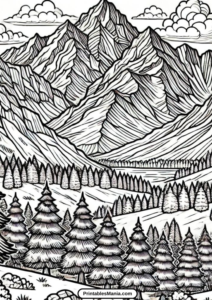 forest landscape coloring page with tall trees and stream