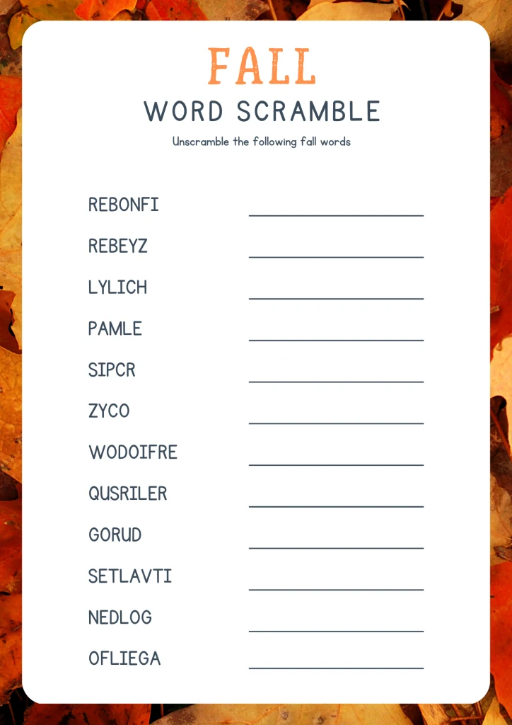 autumn word scramble activity sheet