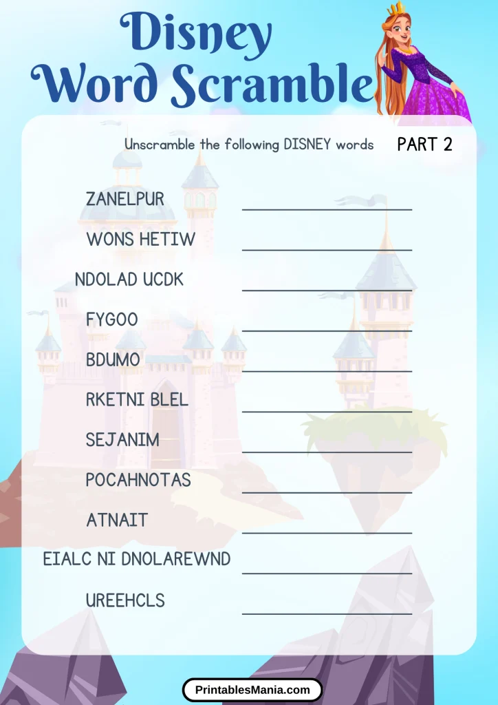 free printable disney word scramble puzzle