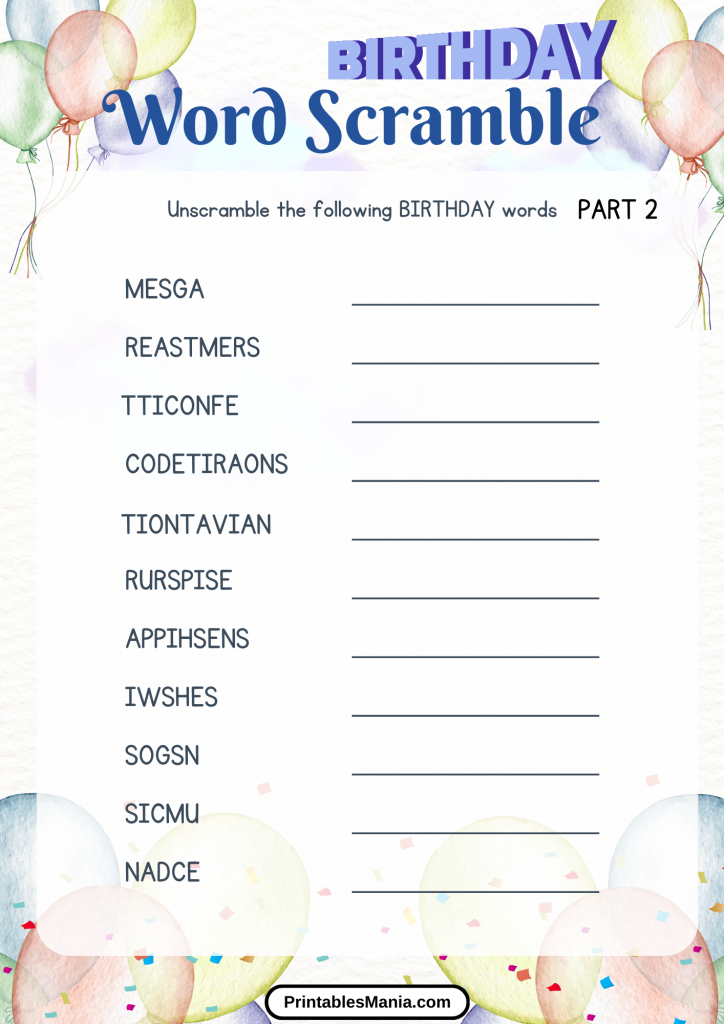 birthday word scramble game