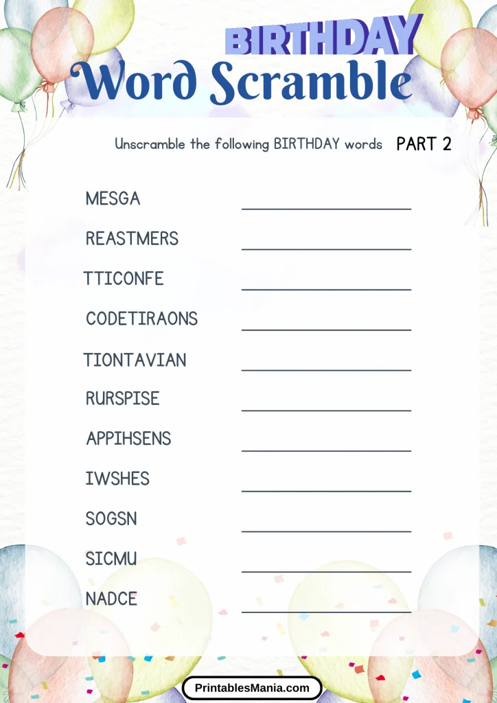 birthday word scramble game