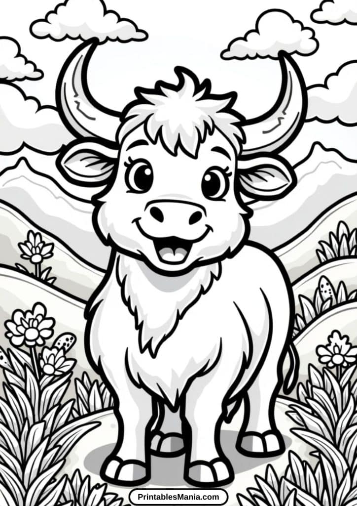 black-and-white highland cow illustration for coloring fun