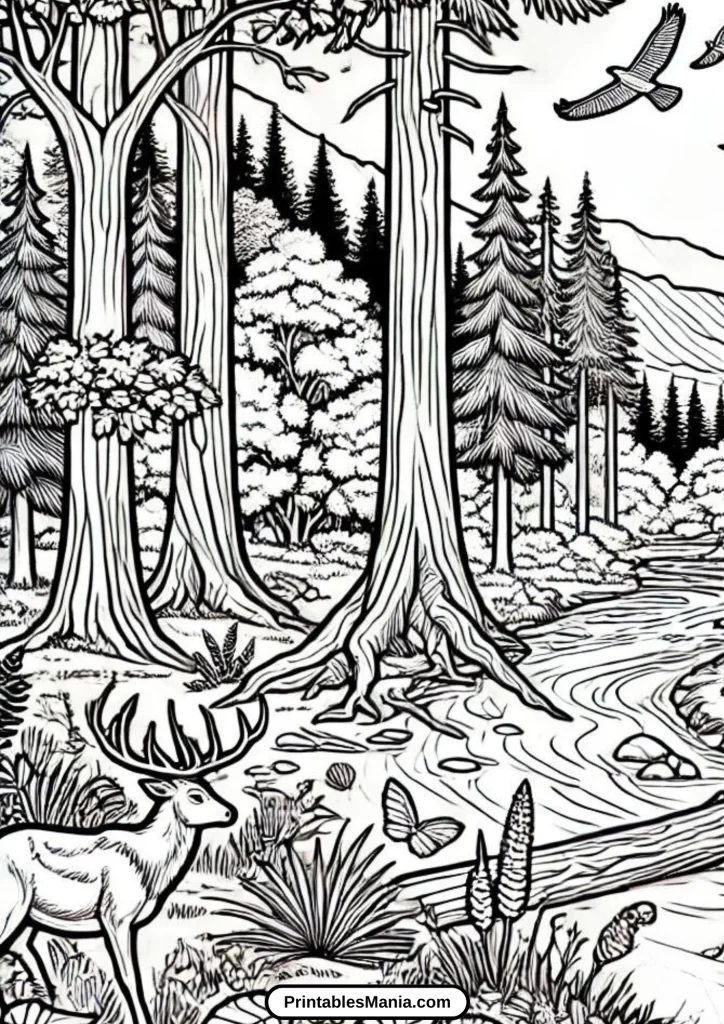 forest coloring page with stream