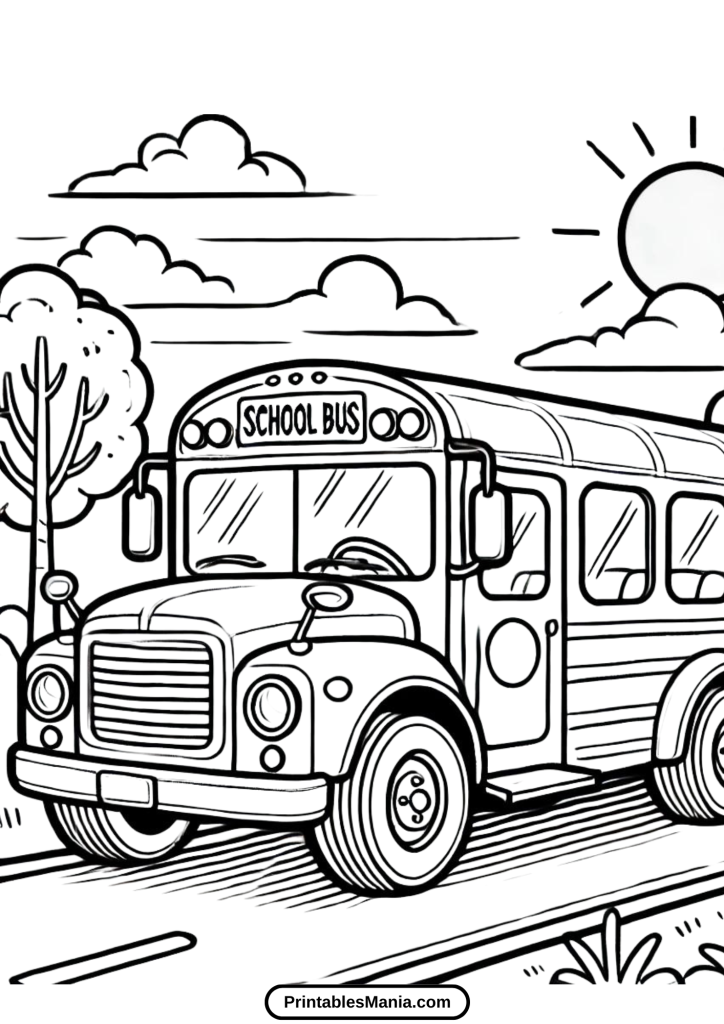 kids coloring page of a yellow school bus