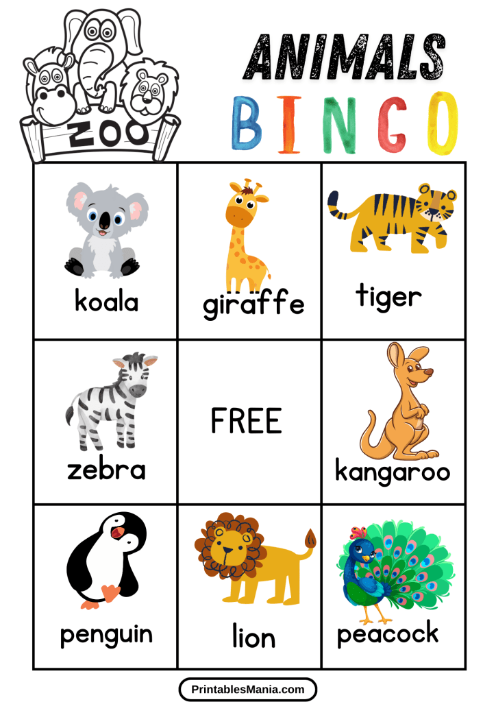 zoo animal bingo free printable PDF