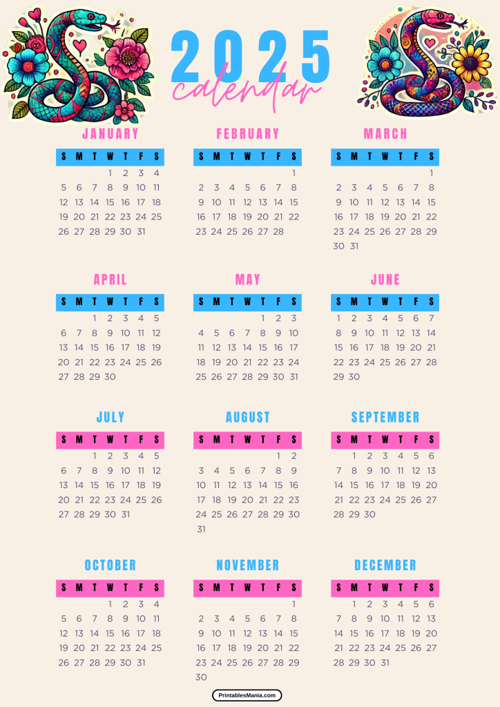 2025 one-page printable calendar PDF