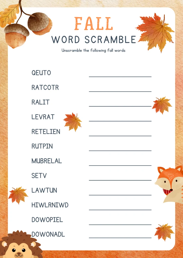 challenging fall word scramble with seasonal words