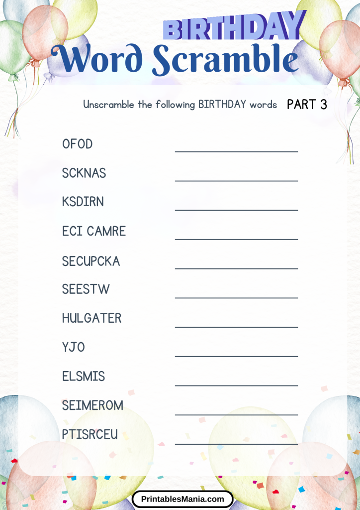 free birthday word scramble