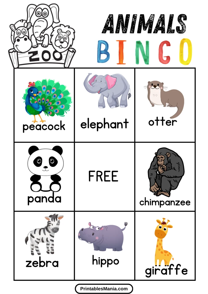 printable bingo cards with zoo animals