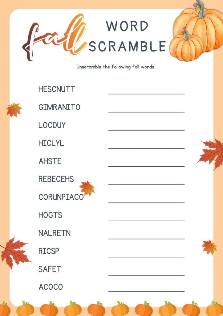 educational fall word scramble puzzle