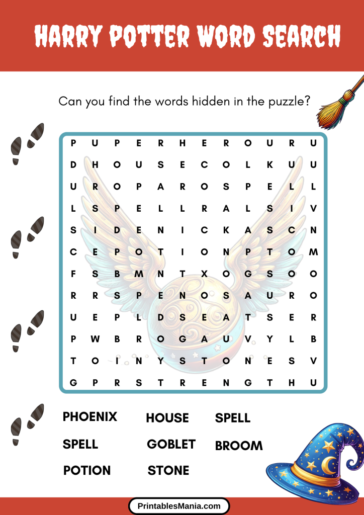 harry potter word search puzzle with popular spells and potions