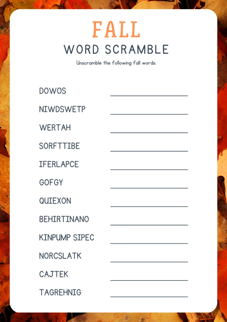 autumn leaves and fall word scramble game