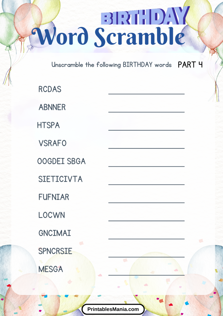 birthday word scramble free printable