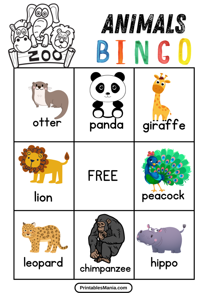 printable zoo animal bingo for early learners