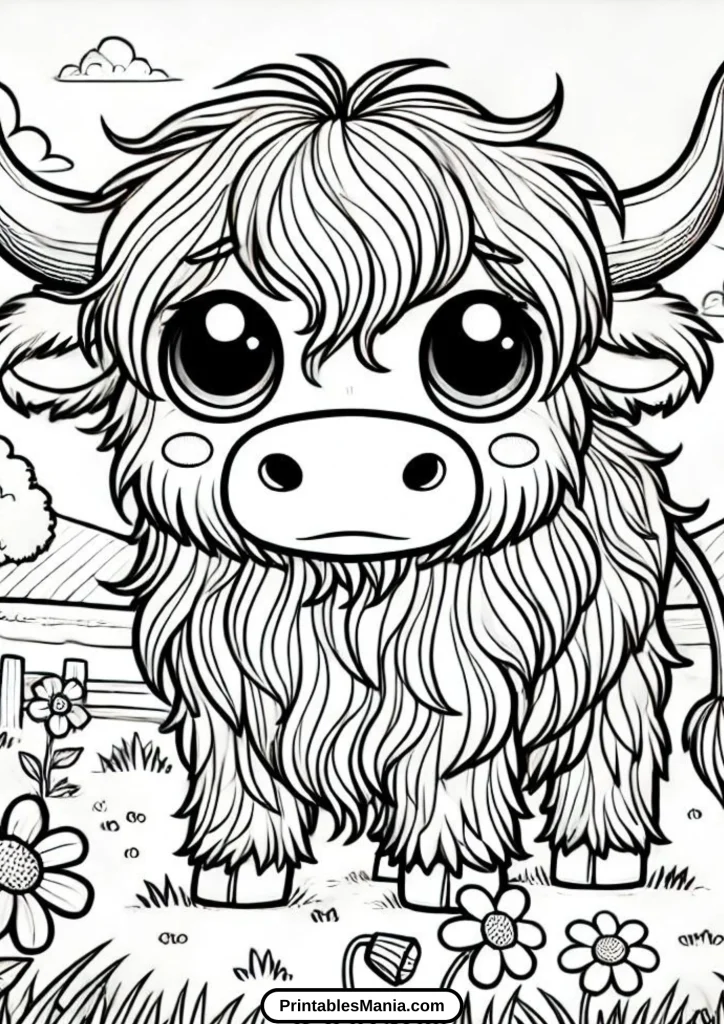 printable highland cow coloring page for kids