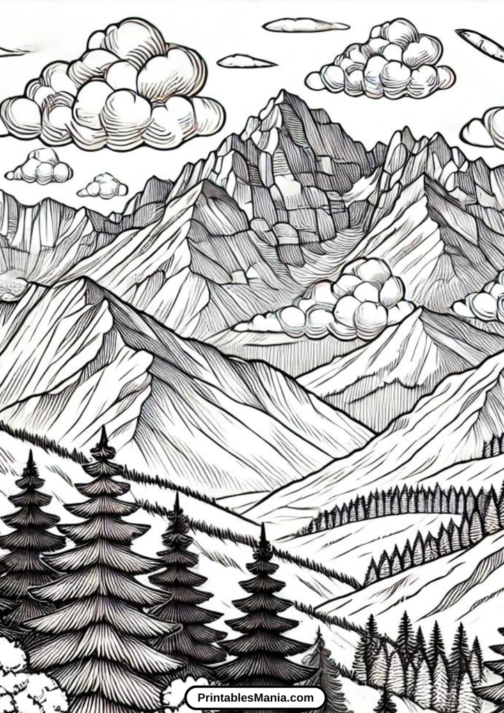 sunset mountains coloring page