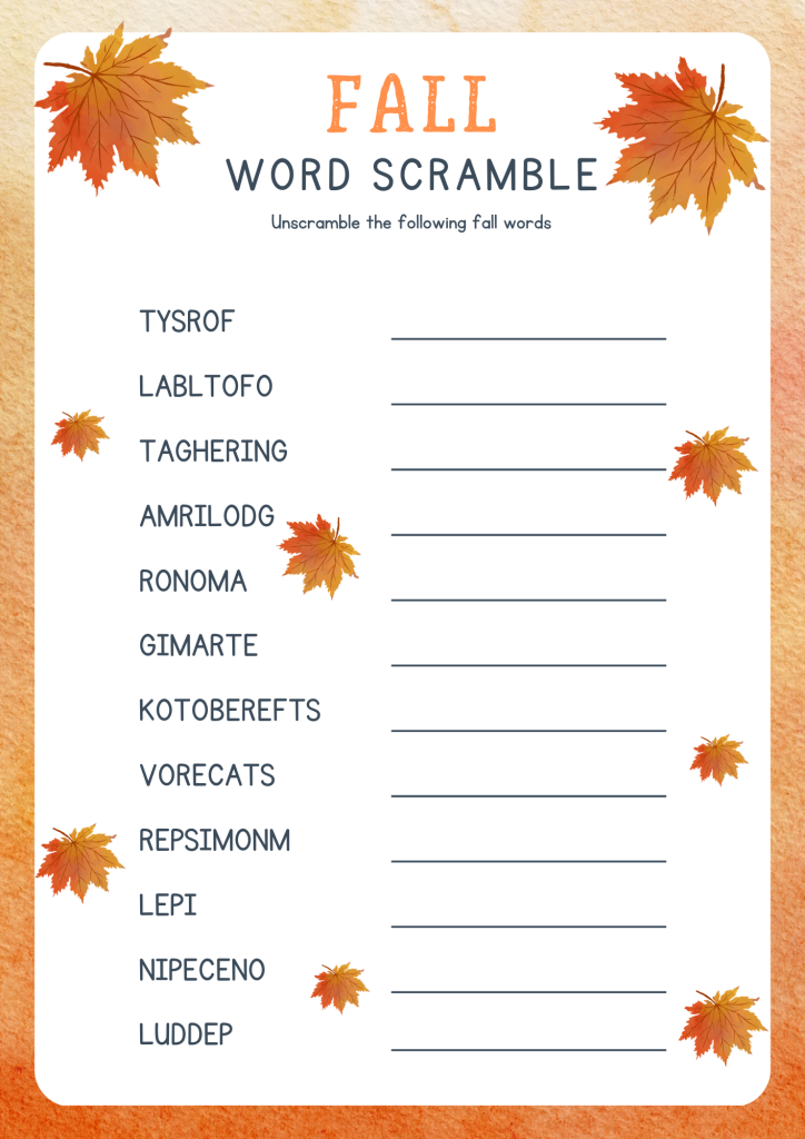 fall harvest word scramble for kids