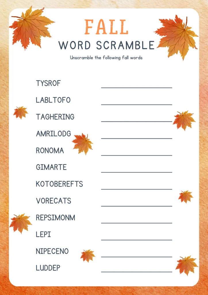 fall harvest word scramble for kids