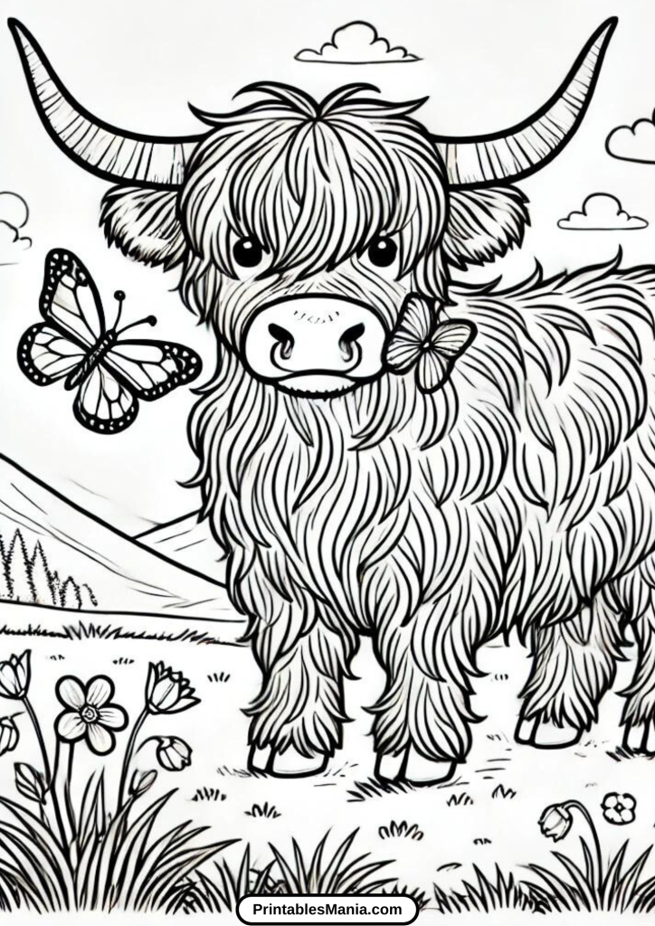 detailed highland cow coloring page for adults