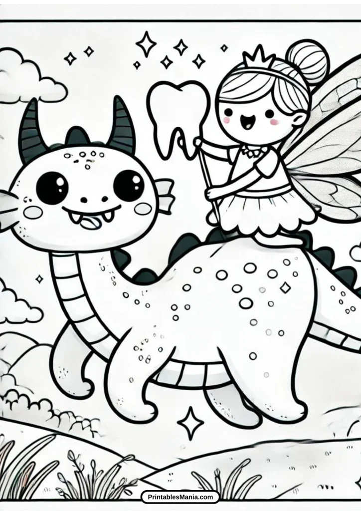 tooth fairy holding a toothbrush, printable coloring page