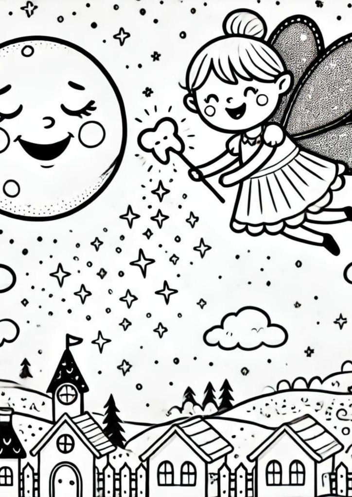 tooth fairy flying with a tiny bag of coins, coloring sheet