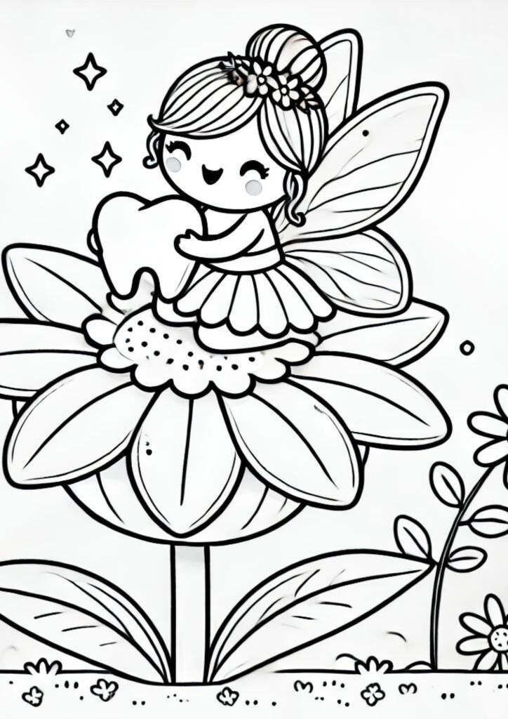 adorable tooth fairy sitting on a cloud, ready to color