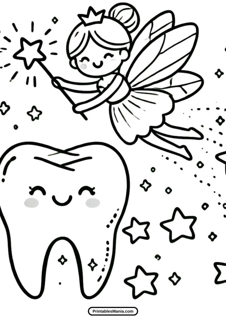 whimsical tooth fairy with a sparkling tooth coloring page