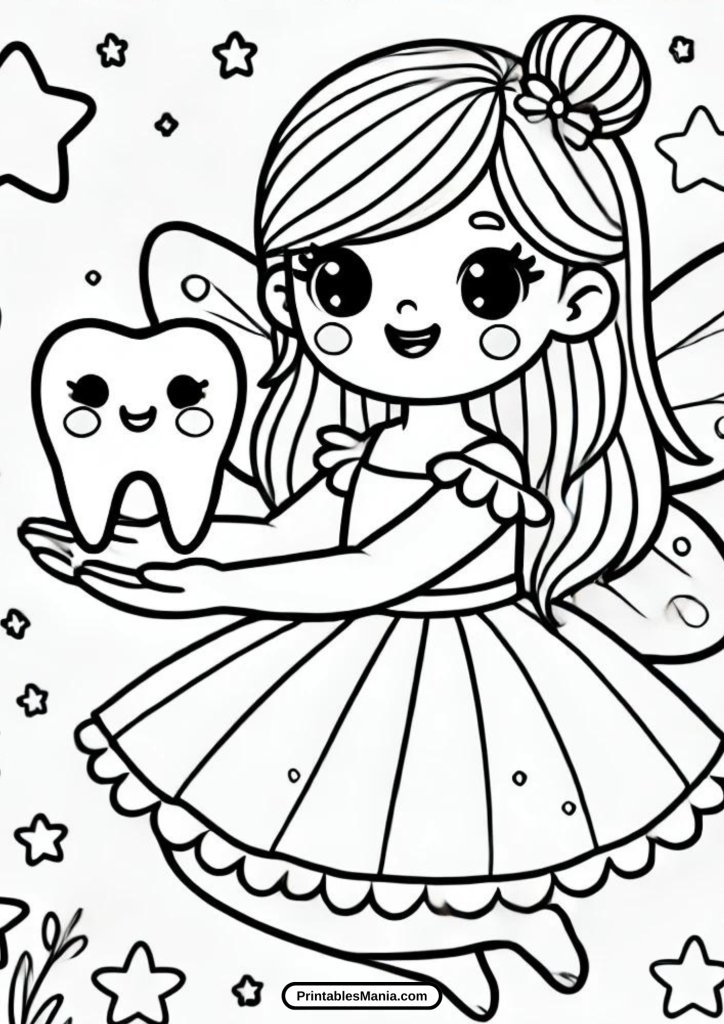 kids tooth fairy coloring page with magical elements