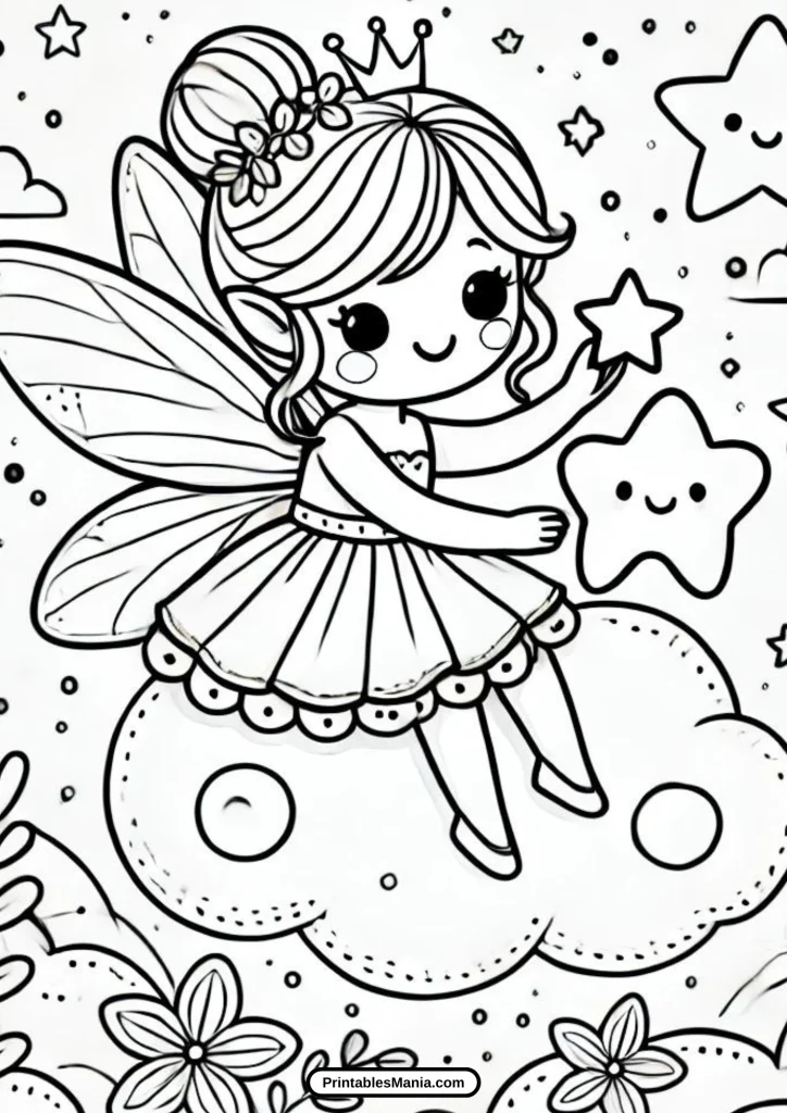 printable coloring sheet of tooth fairy with a starry background